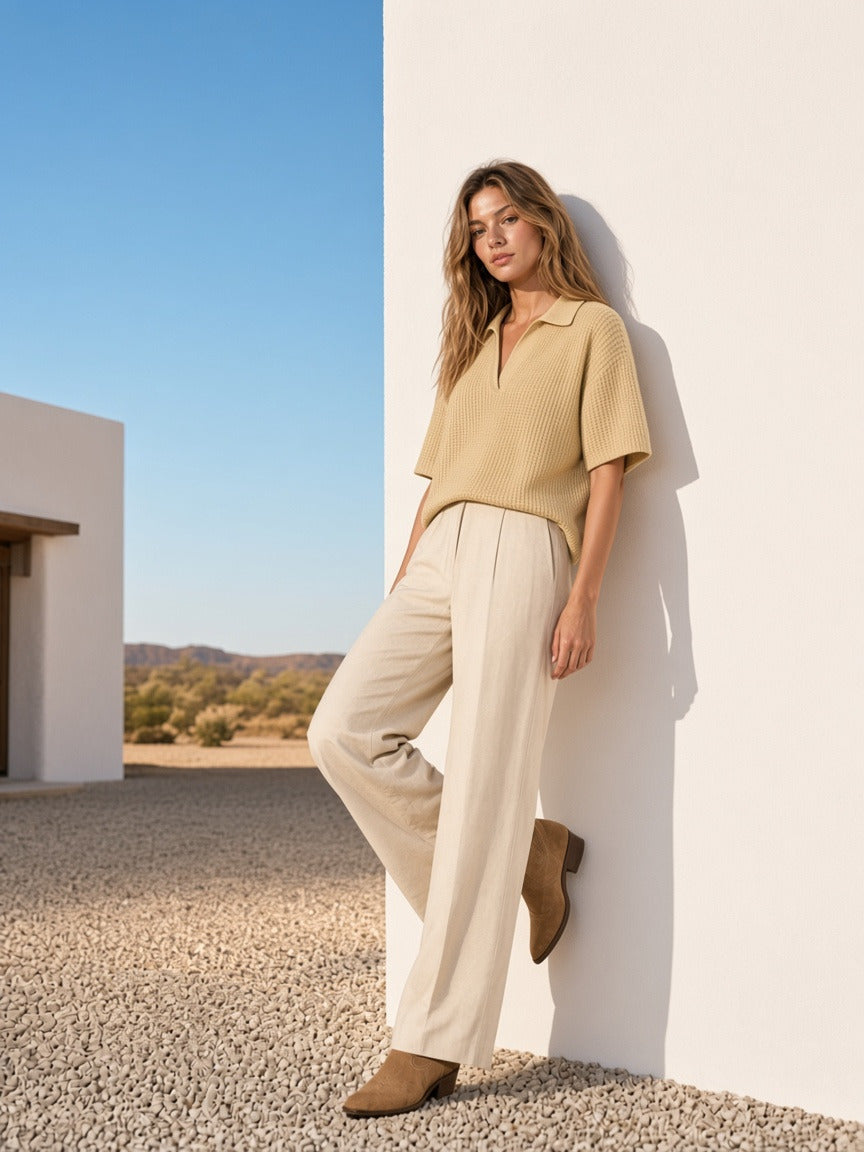 Model wearing the Vintage Wash Waffle Boxy Polo Shirt in Khaki, full-length model photo