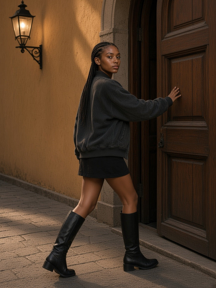Model wearing the Vintage Washed Fleece Baseball Jacket in Black, full-length model photo