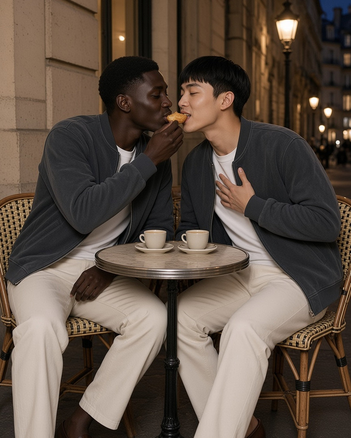 Two men in the Vintage Washed Fleece Baseball Jacket in Black, sharing a madeleine at a Paris bistro table at night