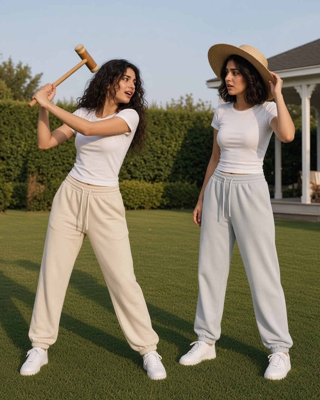 Two women in the Vintage Washed Fleece Jogger Sweatpants in Apricot and Light Gray playing croquet on a club lawn