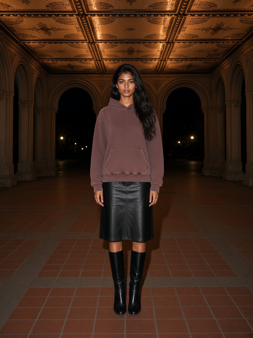Model wearing the Vintage Washed Gradient Fleece Hoodie in Brown, full-length model photo