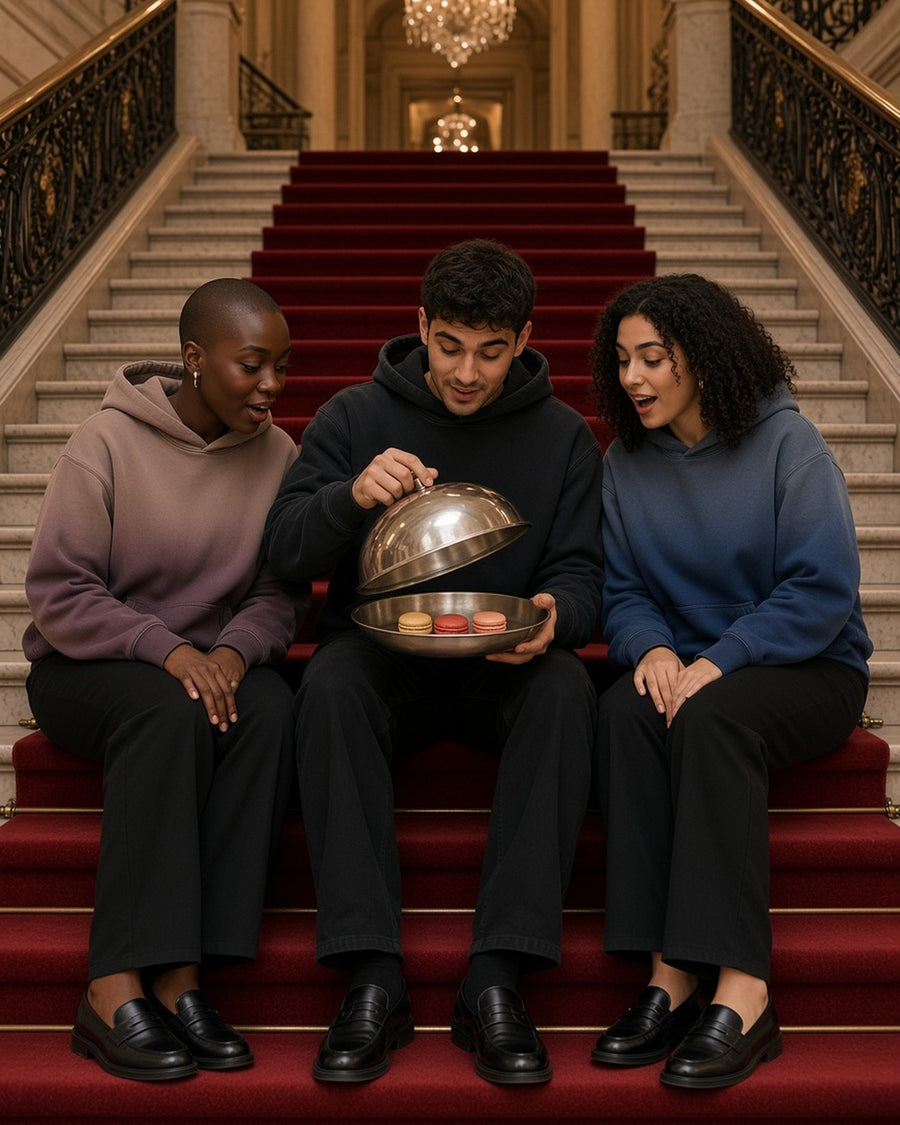 Three people in the Vintage Washed Gradient Fleece Hoodie in Brown, Black and Navy Blue lifting a room-service cloche on a grand-hotel staircase