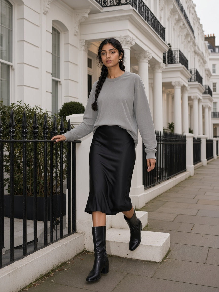 Model wearing the Vintage Washed Long Sleeve T-Shirt in Medium Gray, full-length model photo