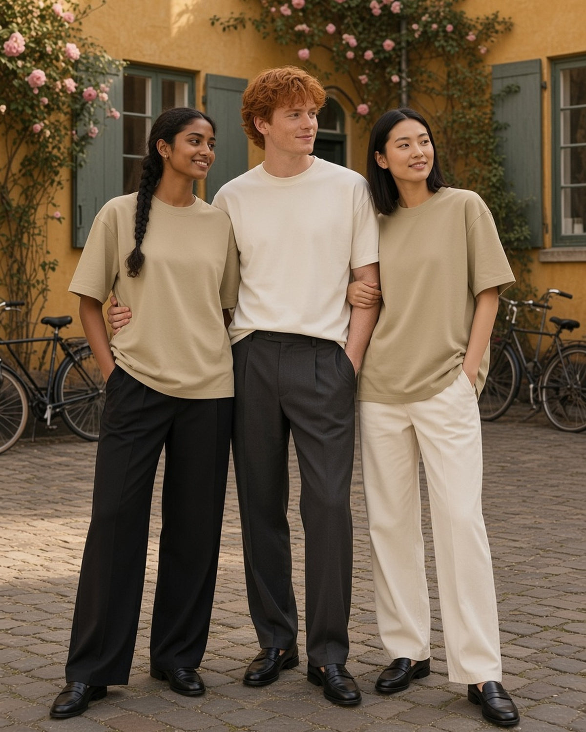 Marcel Afters Vintage Washed Oversized Cotton T-Shirt in Khaki, worn by a man and a woman, three friends arm in arm on a Copenhagen cobbled lane in khaki oversized tees