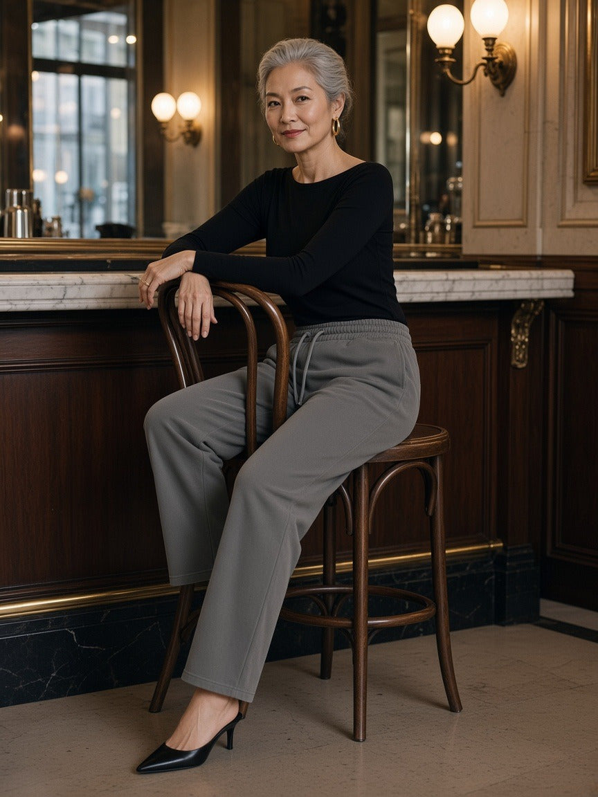 Woman wearing the Vintage Washed Waist Pants in Medium Gray, full-length model photo