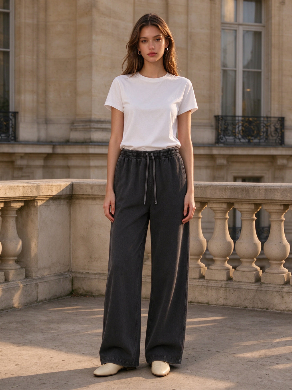 Woman wearing the Vintage Washed Waist Pants in Washed Black, full-length model photo
