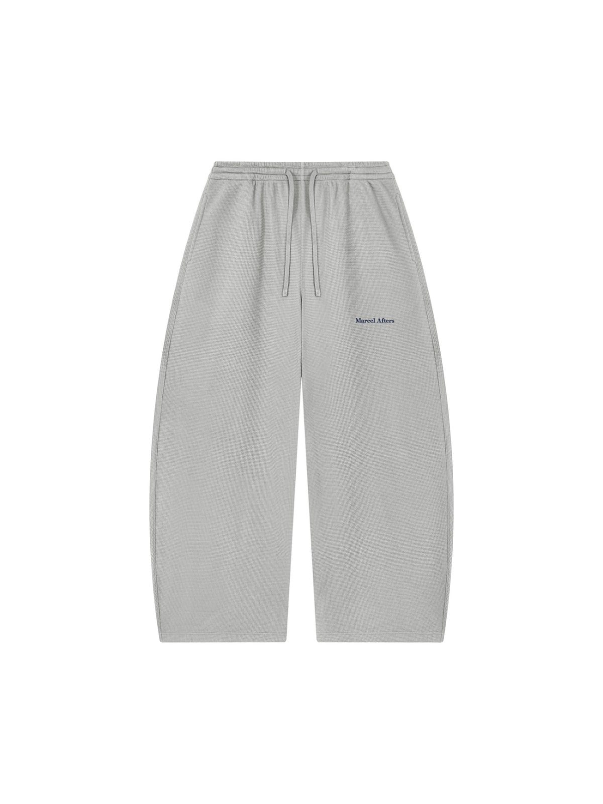 Marcel Afters Waffle Barrel Leg Pants in Oat Gray, laid flat