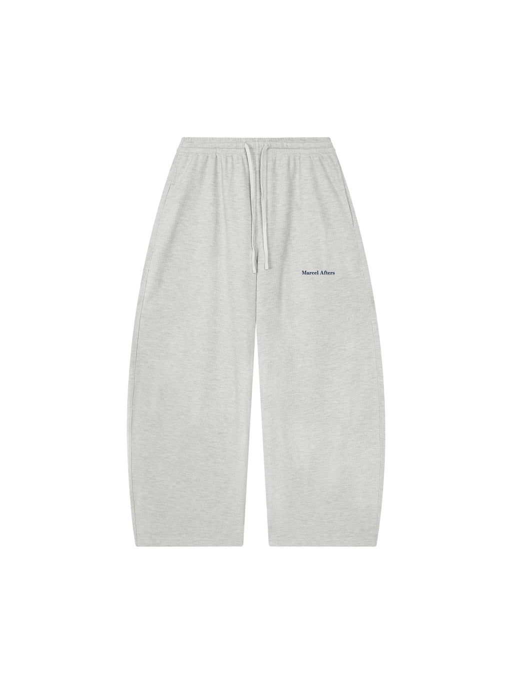 Marcel Afters Waffle Barrel Leg Pants in Oat Gray, laid flat