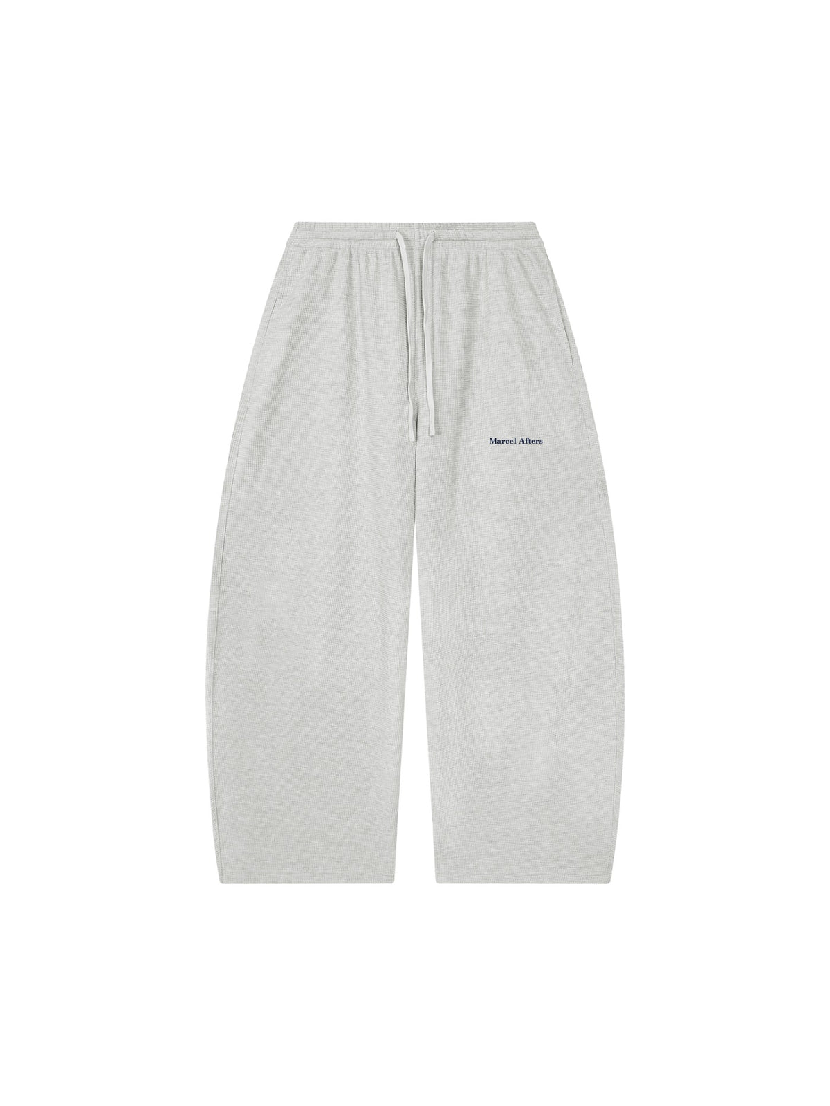 Marcel Afters Waffle Barrel Leg Pants in Oat Gray, laid flat