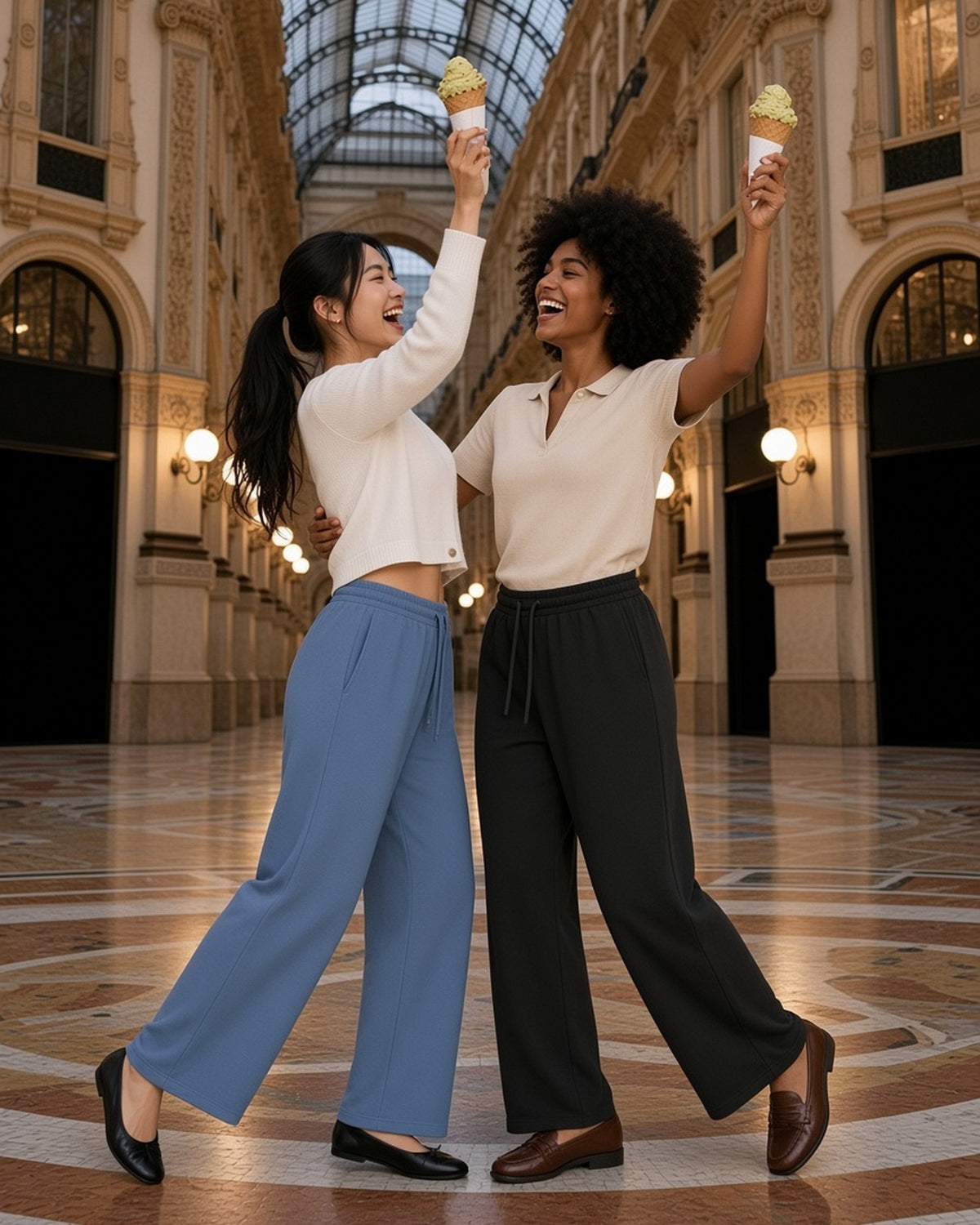 Two women in the Waffle Barrel Leg Pants in Jeans Blue and Black, waltzing with gelato in a Milan arcade