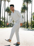 Model wearing the Waffle Barrel Leg Pants in Light Gray, full-length model photo