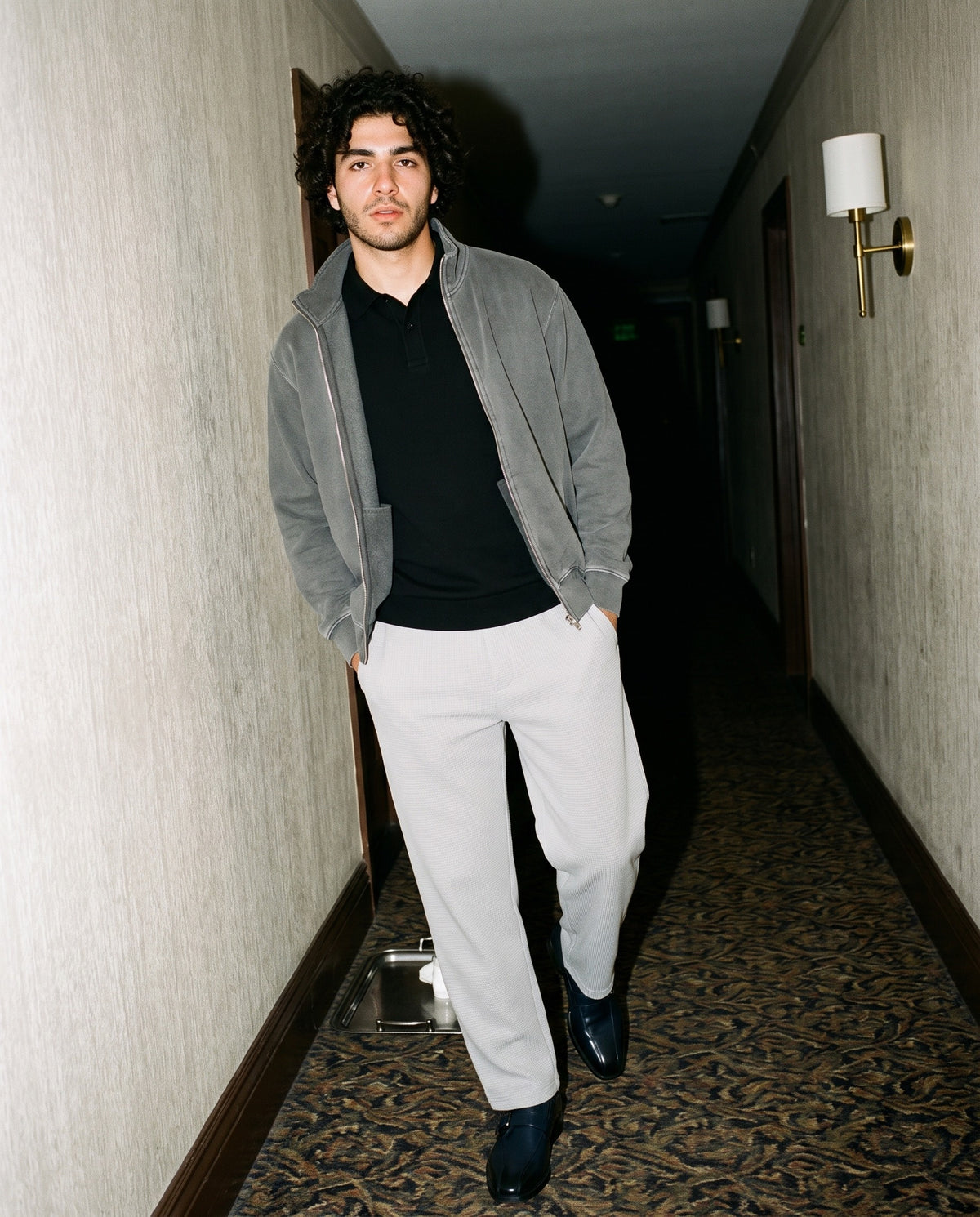 Man wearing the Waffle Barrel Leg Pants in Light Gray, full-length model photo