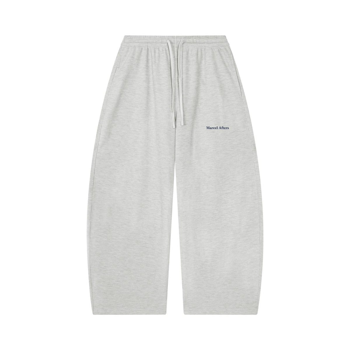 Marcel Afters Waffle Barrel Leg Pants in Oat Gray, laid flat