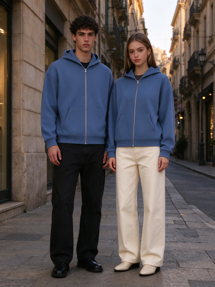 Two people wearing the Waffle Boxy Full Zip Hoodie in Jeans Blue, full-length model photo