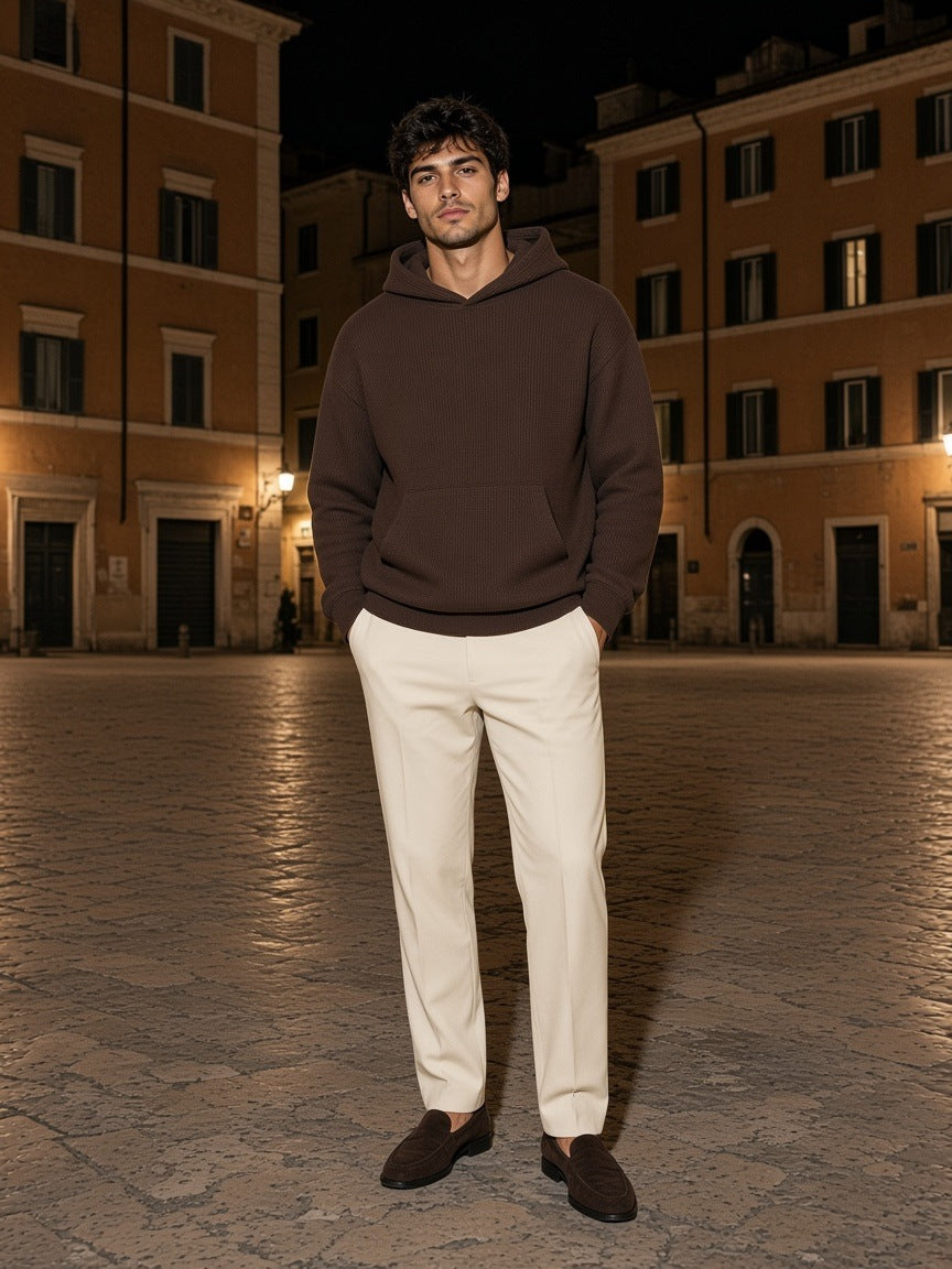 Marcel Afters Waffle Boxy Hoodie in Coffee, worn by a man, city square