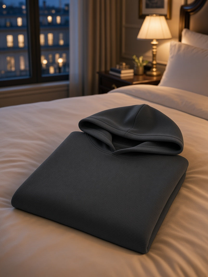 Marcel Afters Waffle Hoodie in Dark Gray, laid flat, bedroom