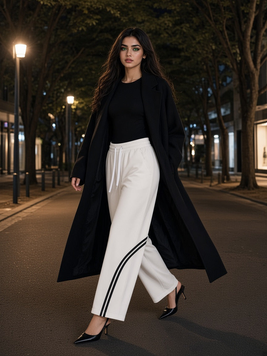 Model wearing the Wide Leg Piping Sweatpants in White, full-length model photo