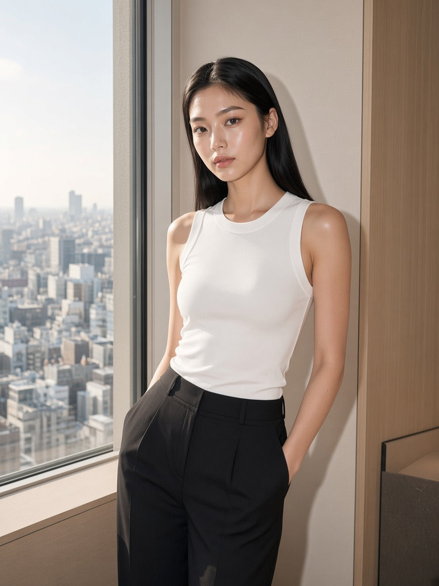 Woman wearing the Women's Crewneck Tank Top in White, full-length model photo