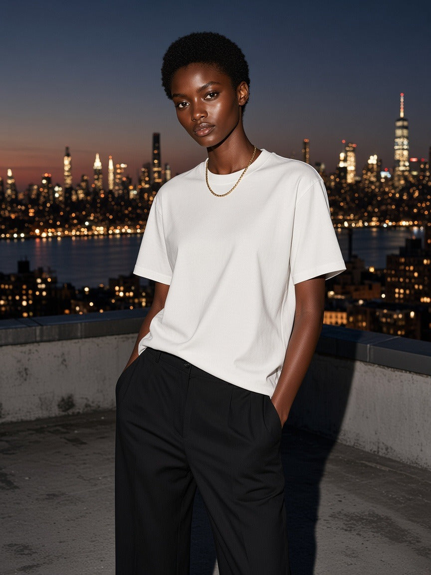 Woman wearing the Women's Essential Heavyweight Cotton T-Shirt in White, full-length model photo