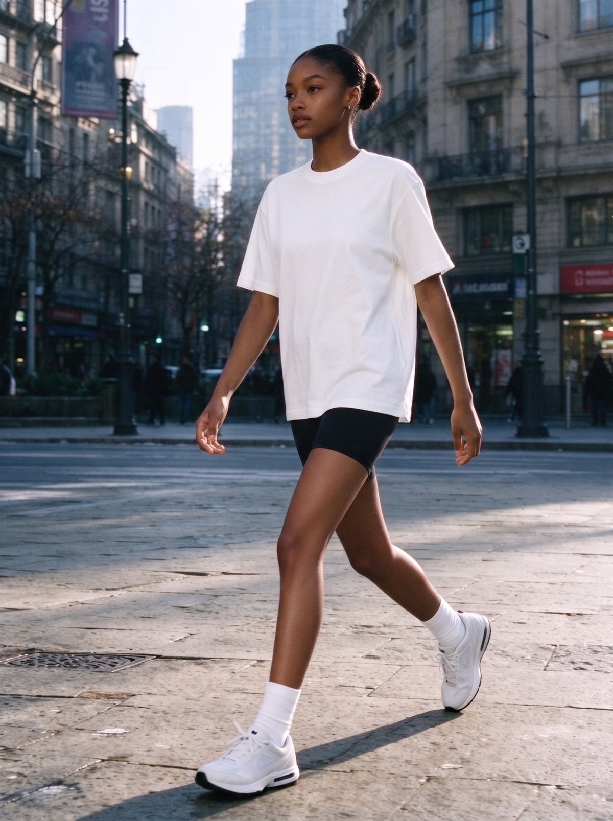 Woman wearing the Marcel Afters Women's Heavyweight Boxy T-Shirt, Light Tones in White, full-length editorial photograph