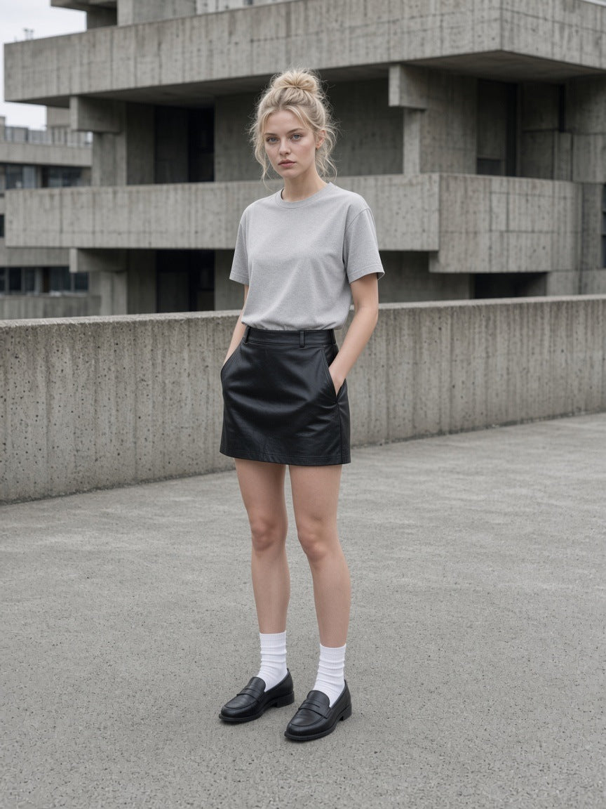 Woman in the Women's Heavyweight Earth Tone T-Shirt in Oat Gray with a black skirt, brutalist concrete courtyard