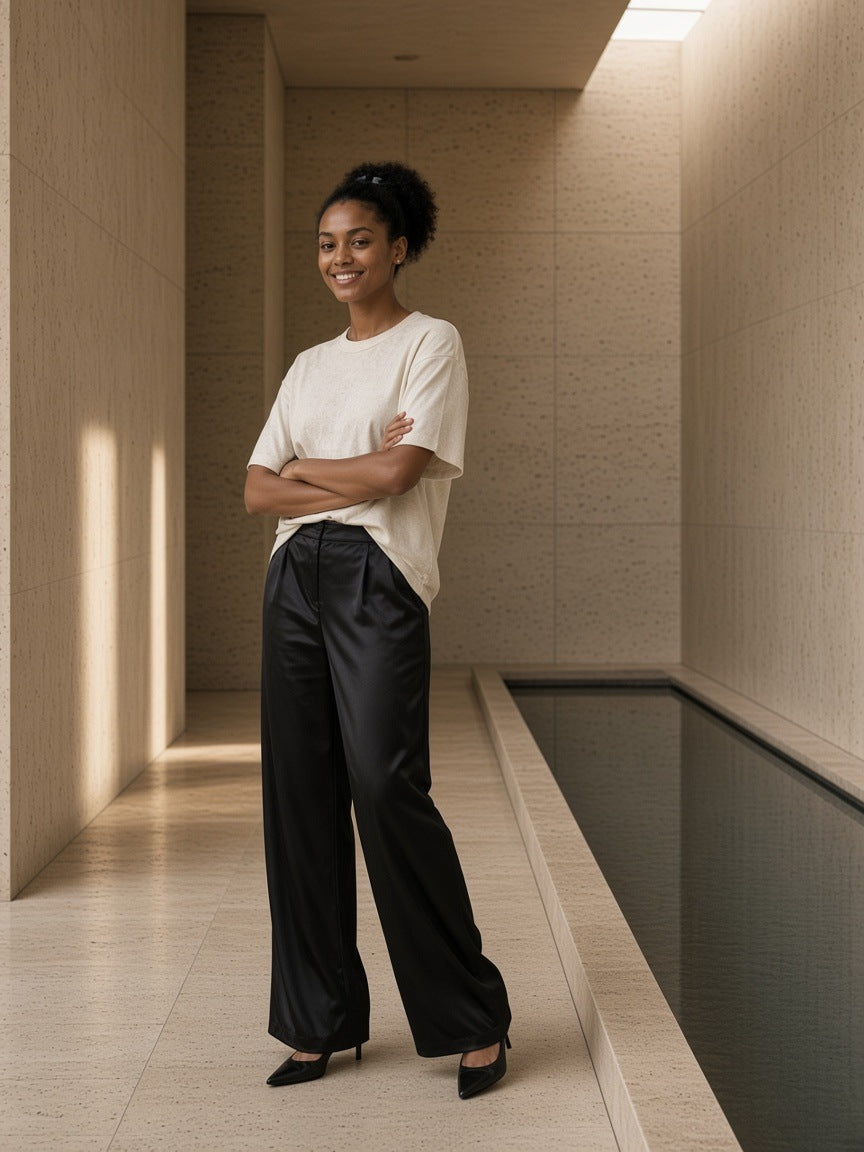 Marcel Afters Women's Heavyweight Mineral Wash Boxy T-Shirt in White, worn by a woman, smiling with folded arms in a sunlit stone corridor