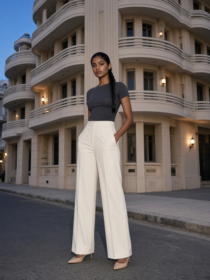 Woman wearing the Women’s Slim Fit Performance T-Shirt in Dark Gray, full-length model photo