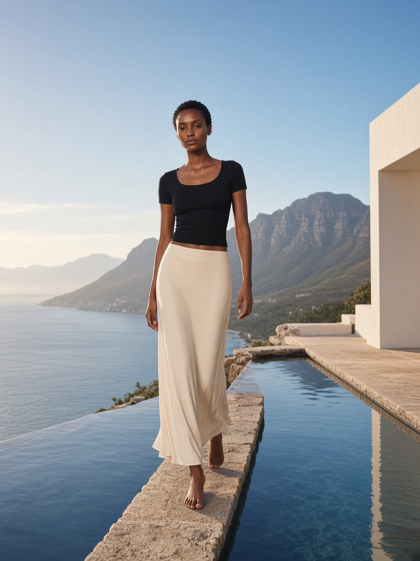 Woman wearing the Women's Solid Color Slim Crop T-Shirt in Black, full-length model photo