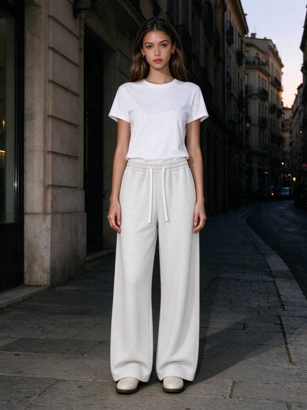Woman wearing the Women's Wide Leg Sweatpants in Oat Gray, full-length model photo