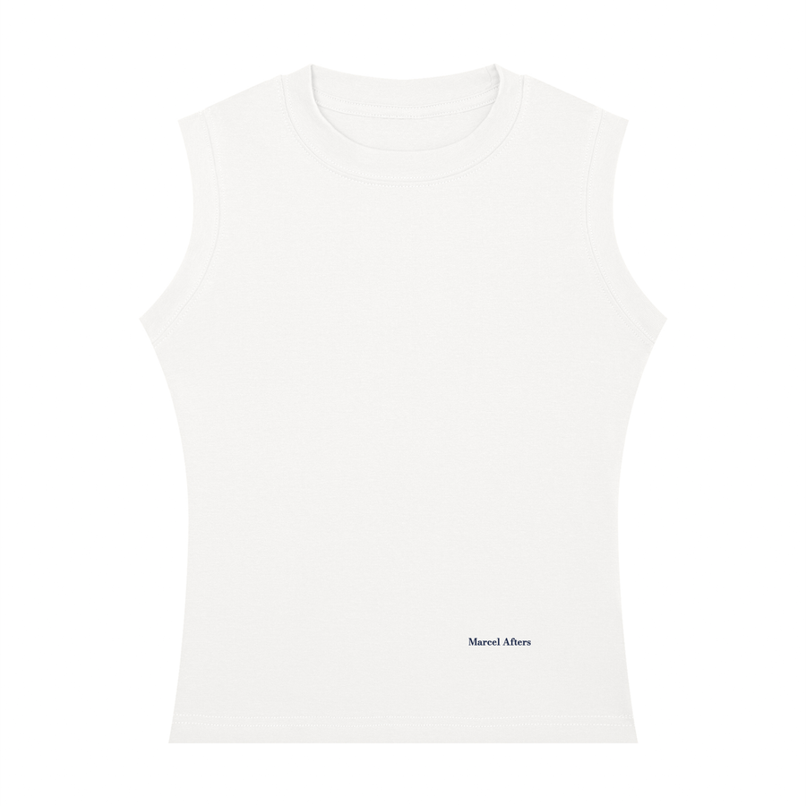 Women's Crewneck Tank Top in White, front view, small Marcel Afters wordmark at the lower left front.