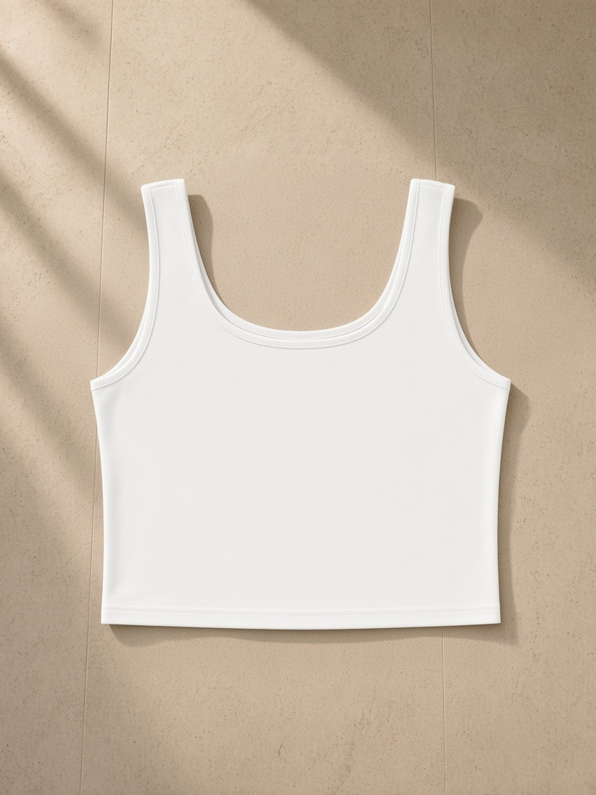 Women's Cropped Tank Top in White, laid flat on pale limestone