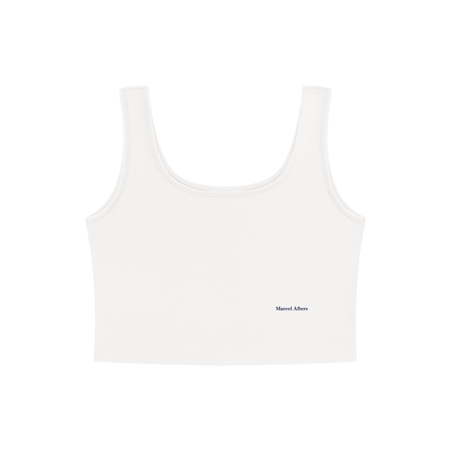 Women's Cropped Tank Top in White, front view, small Marcel Afters wordmark at the lower left front.