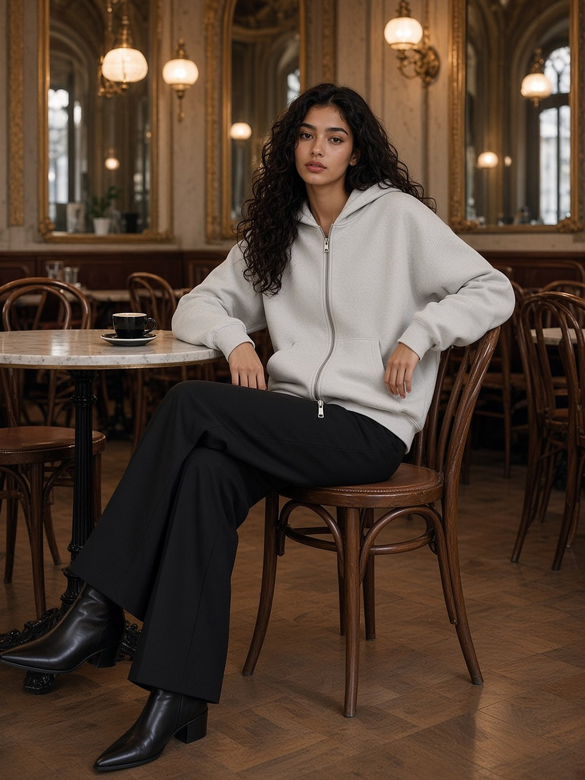 Woman in the Women's Heavyweight Full Zip Hoodie in Oat Gray with black tailored trousers, sitting in a Vienna café after closing