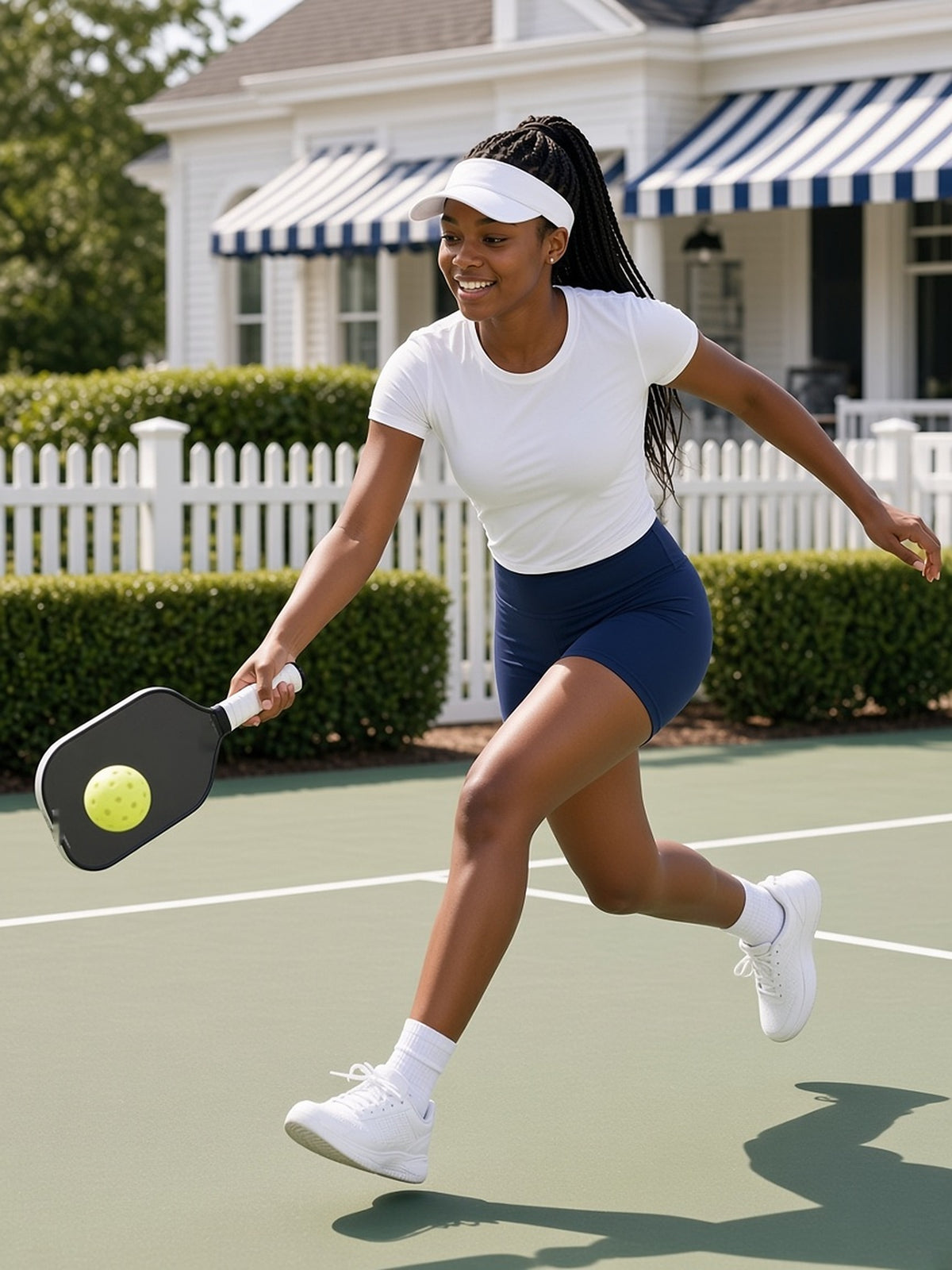 Woman in the Women's High Rise Yoga Shorts in Navy Blue playing pickleball at the kitchen line at a country club