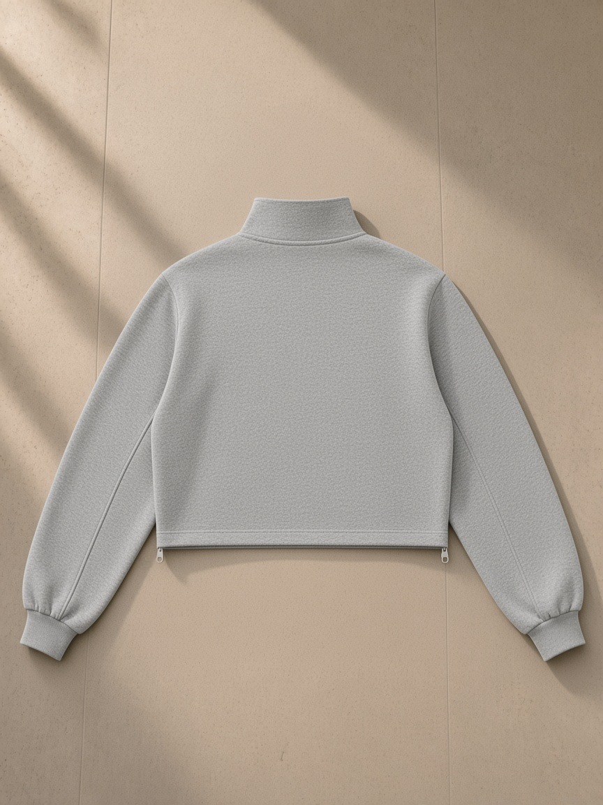 Women’s Mock-Neck Quarter-Zip Sweatshirt in Flower Gray, laid flat on pale limestone, back view