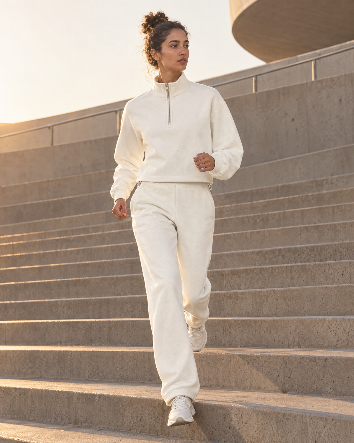 Women’s Mock-Neck Quarter-Zip Sweatshirt, worn by the model in motion