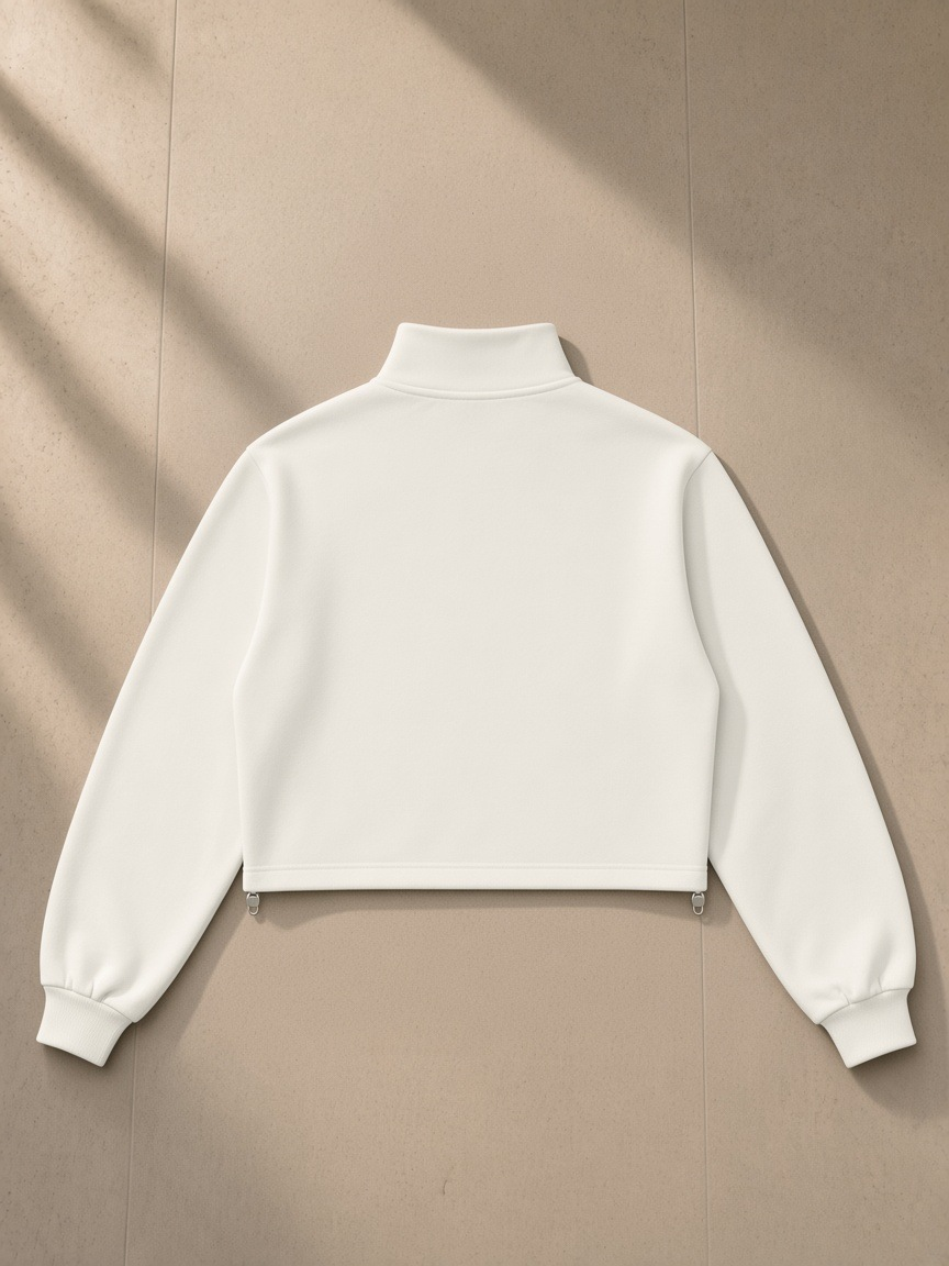 Women’s Mock-Neck Quarter-Zip Sweatshirt in White, laid flat on pale limestone, back view
