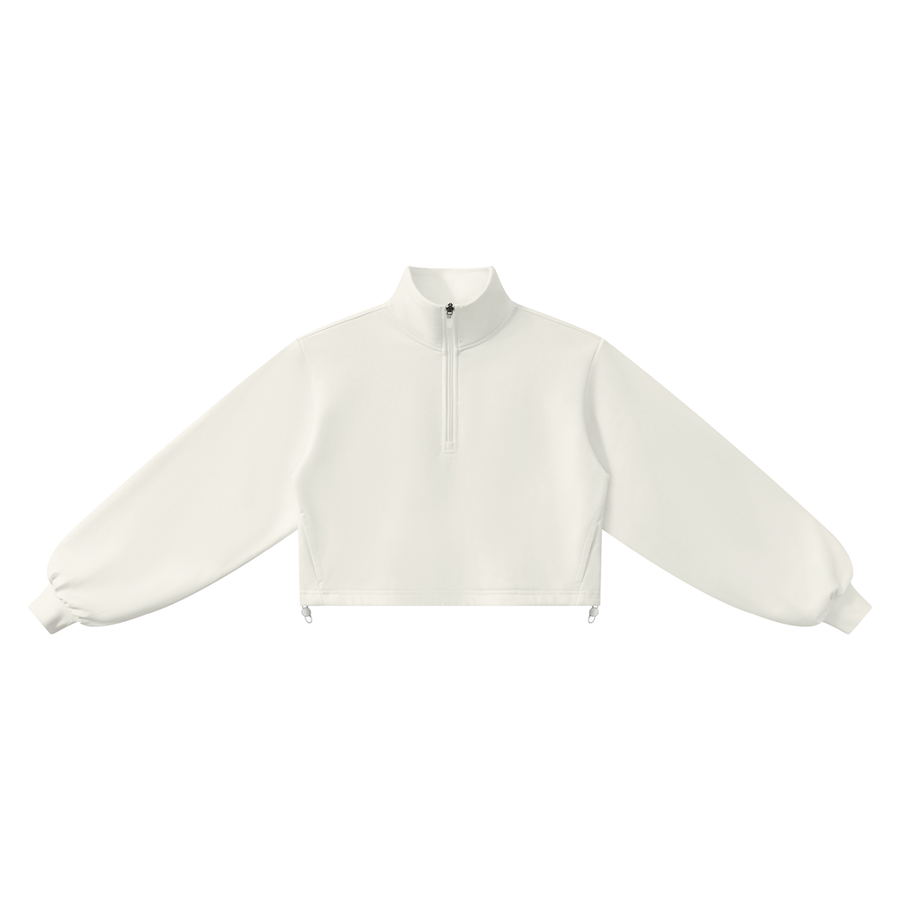 Women’s Mock-Neck Quarter-Zip Sweatshirt in White, front view, plain front; small Marcel Afters wordmark at the back of the neck.