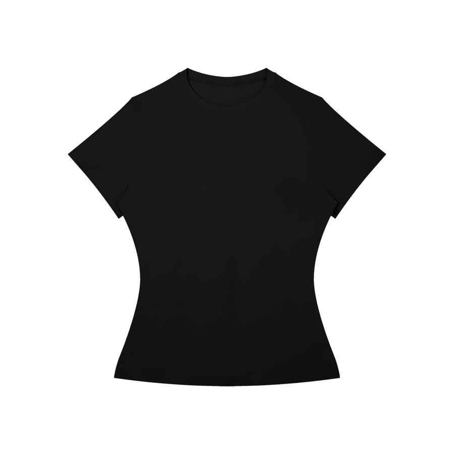 Women’s Slim Fit Performance T-Shirt in Black, front view, plain front; small Marcel Afters wordmark at the back of the neck.