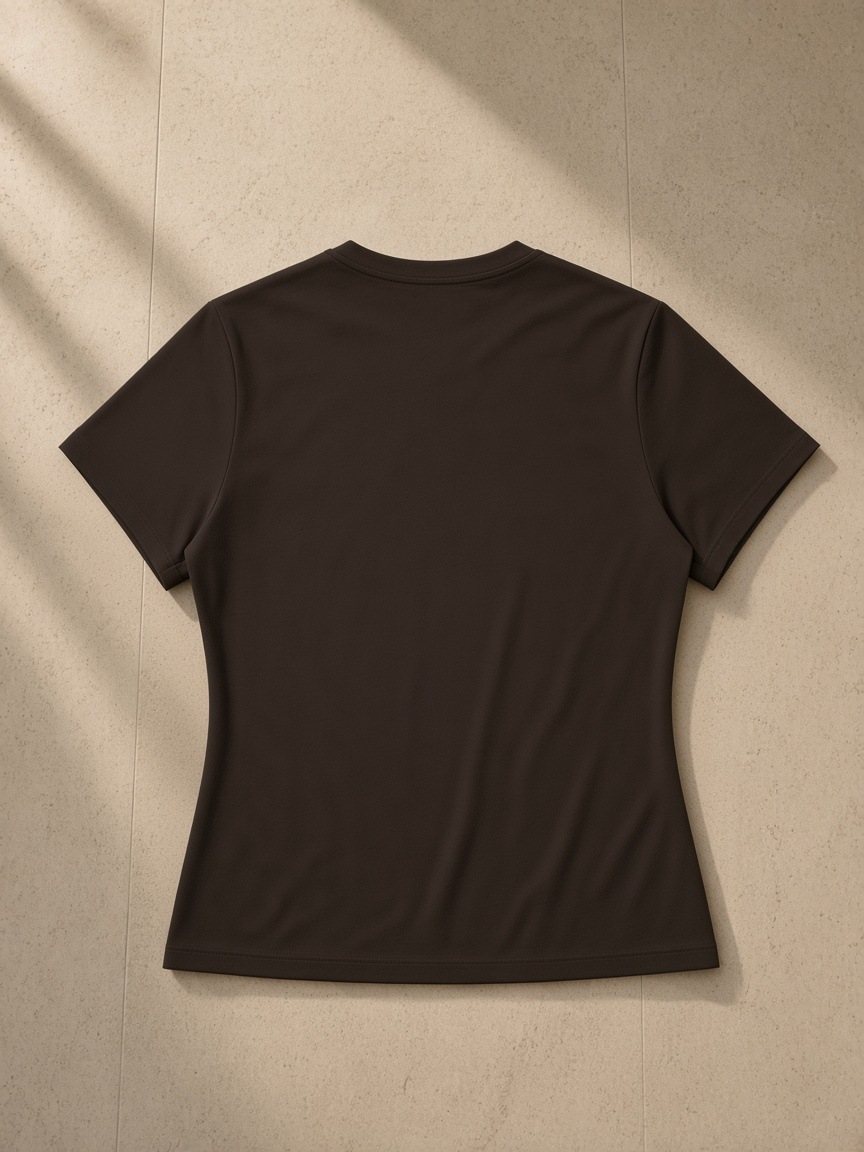 Women’s Slim Fit Performance T-Shirt in Coffee, laid flat on pale limestone, back view