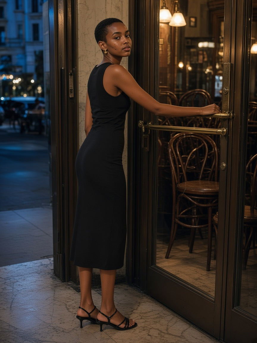 Woman in the Women's Slim Sleeveless Dress in Black pushing open a Viennese café door at closing time