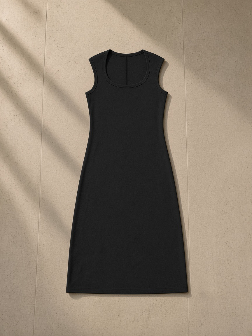 Women's Slim Sleeveless Dress in Black, laid flat on pale limestone