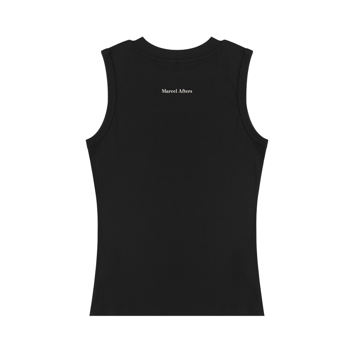 Women's Slim Tank Top in Black, back view, small Marcel Afters wordmark across the upper back.