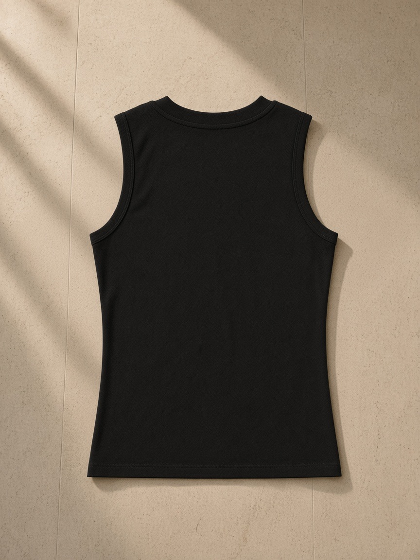 Women's Slim Tank Top in Black, laid flat on pale limestone, back view