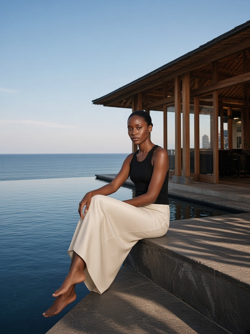 Woman in the Women's Slim Tank Top in Black with an ivory silk skirt at a dark-stone infinity pool in Bali in the morning