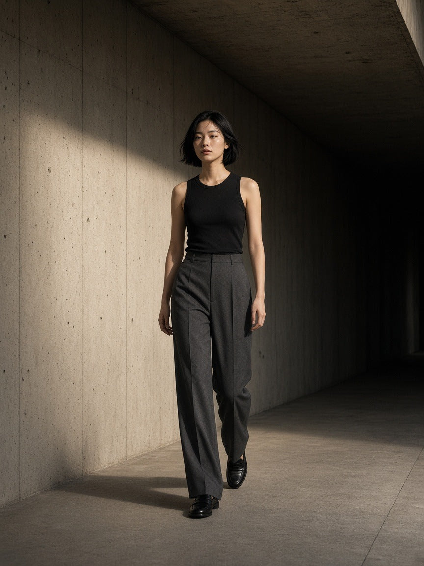 Woman in the Women's Slim Tank Top in Black walking a raw concrete corridor in Tokyo at night