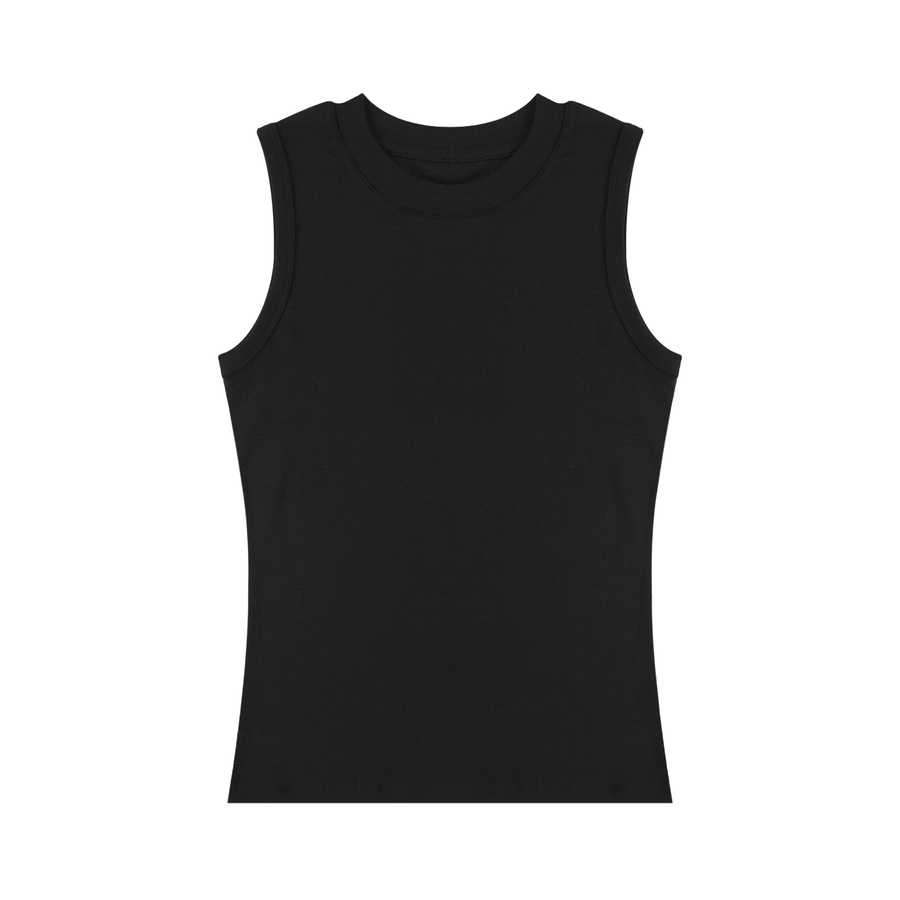 Women's Slim Tank Top in Black, front view, plain front; small Marcel Afters wordmark across the upper back.