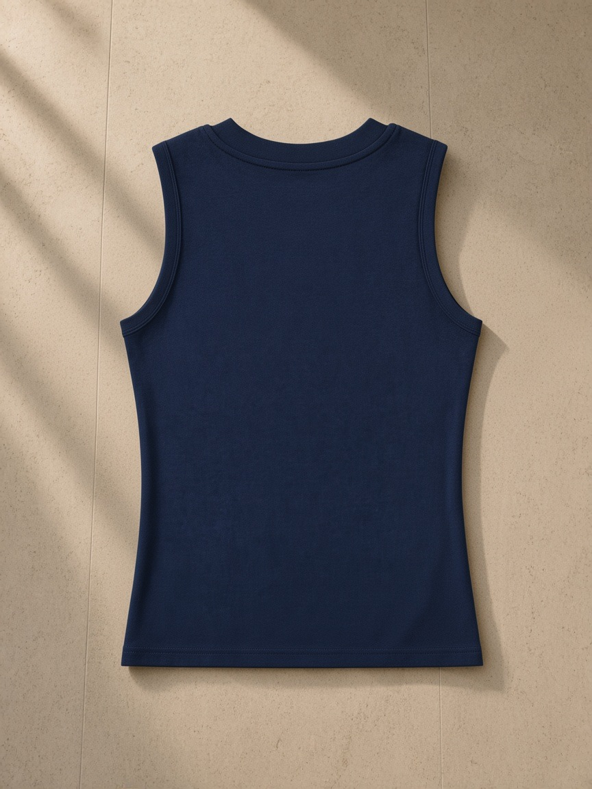 Women's Slim Tank Top in Navy Blue, laid flat on pale limestone, back view