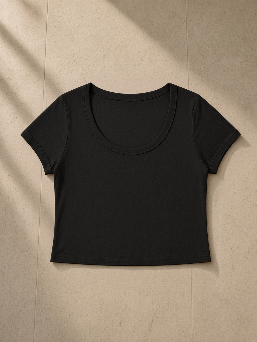Women's Solid Color Slim Crop T-Shirt in Black, laid flat on pale limestone