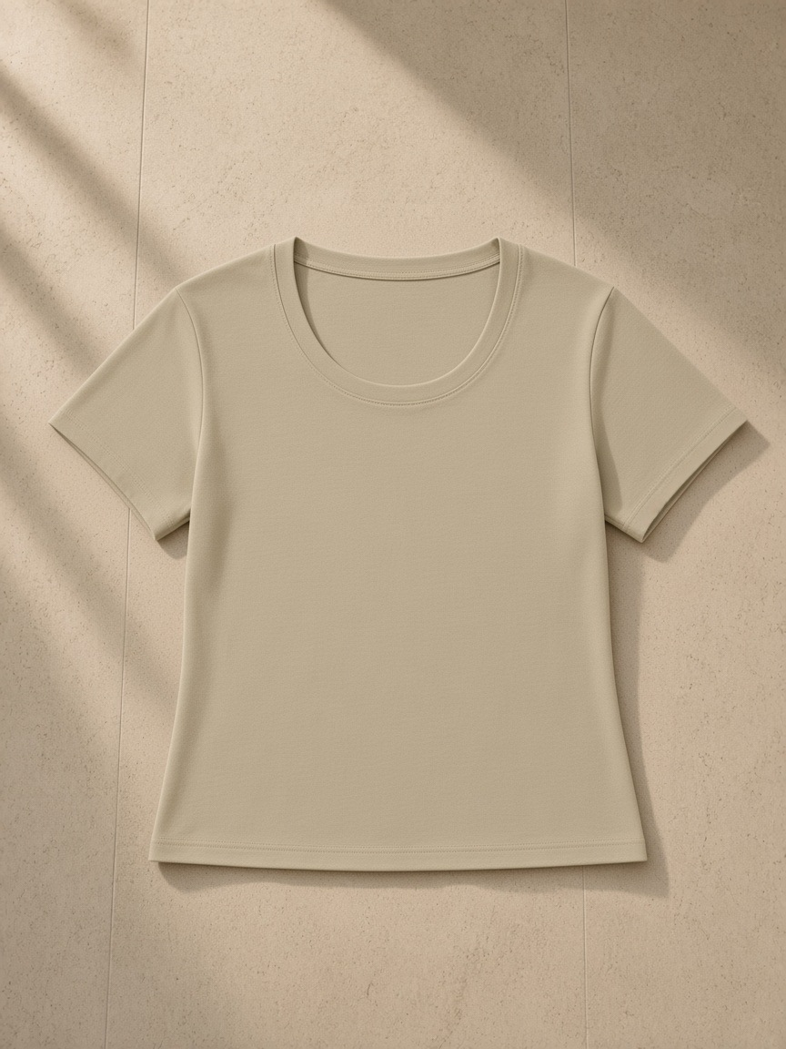 Women's Tencel Baby T-Shirt in Pale Khaki, laid flat on pale limestone